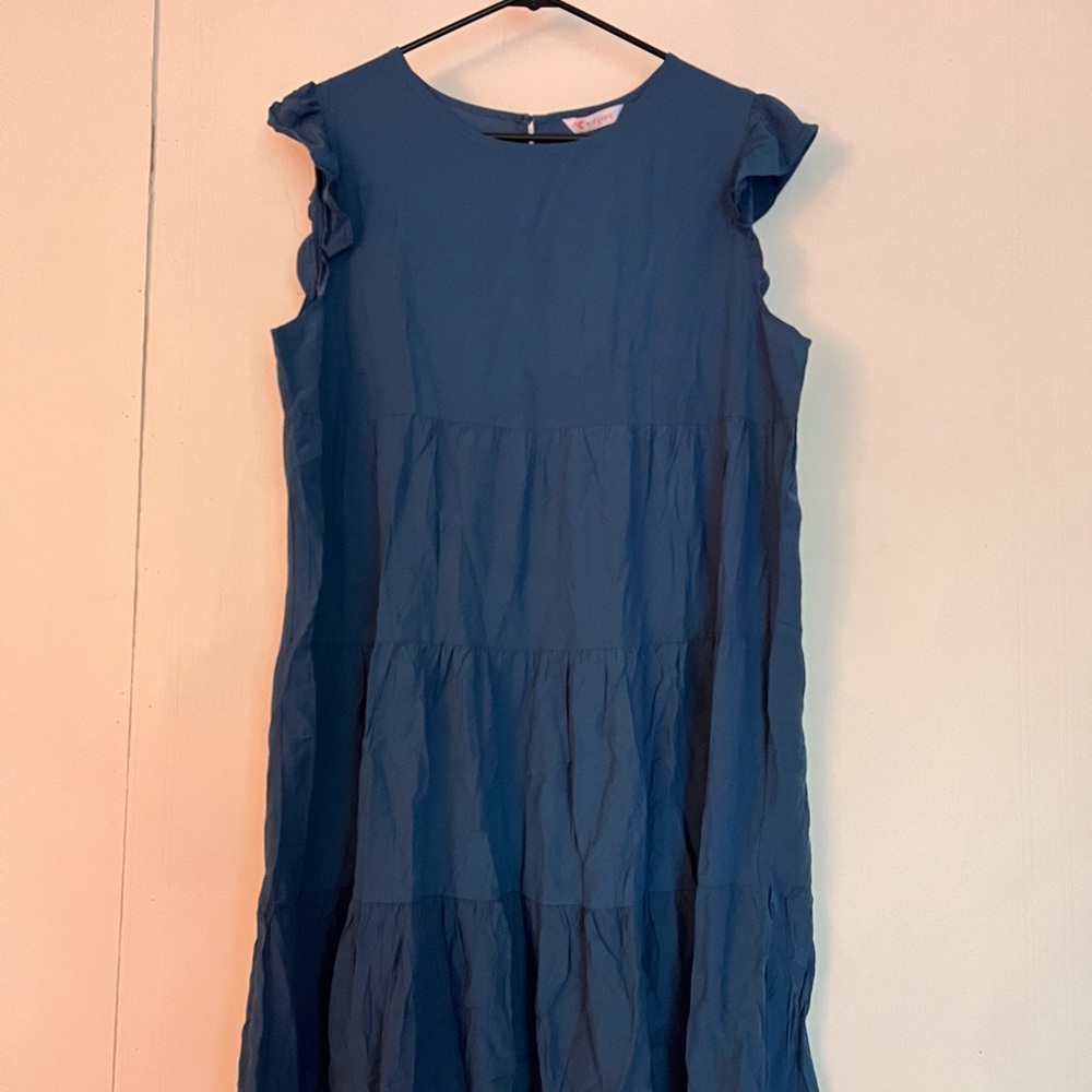 Blue Casual Midi Dress with Ruffled Sleeves